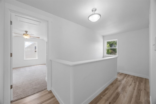 5208 Gordon Ave NW, Cedar Rapids, IA 52405 - hallway featuring wood finished floors, an upstairs landing, baseboards, and attic access