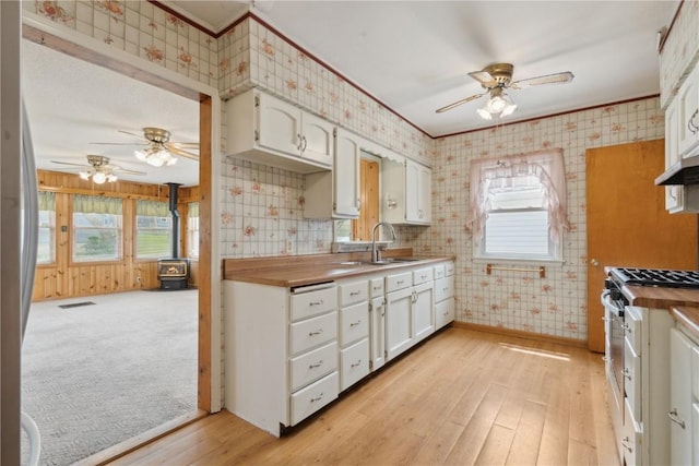 2241 Williams Blvd SW, Cedar Rapids, IA 52404 - kitchen with a wood stove, wallpapered walls, ceiling fan, plenty of natural light, and a sink