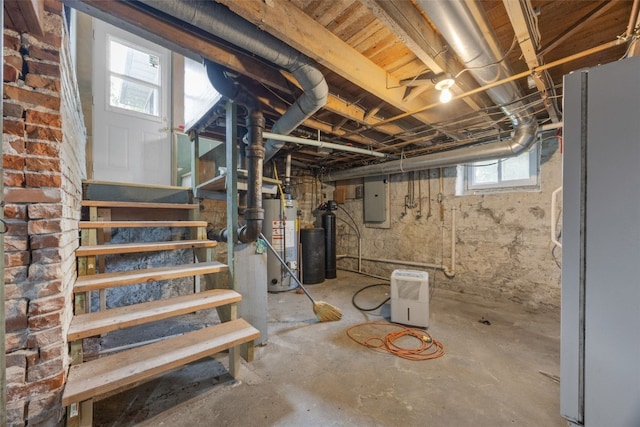 502 5th Ave, Clarence, IA 52216 - below grade area featuring water heater, electric panel, a water softener system, and stairway