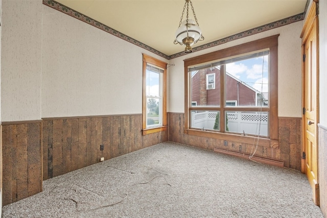 502 5th Ave, Clarence, IA 52216 - unfurnished dining area featuring a wainscoted wall and carpet flooring