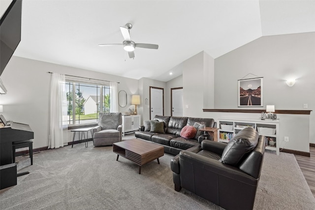2106 Shady Grove Rd SW, Cedar Rapids, IA 52404 - living area featuring vaulted ceiling, a ceiling fan, and baseboards