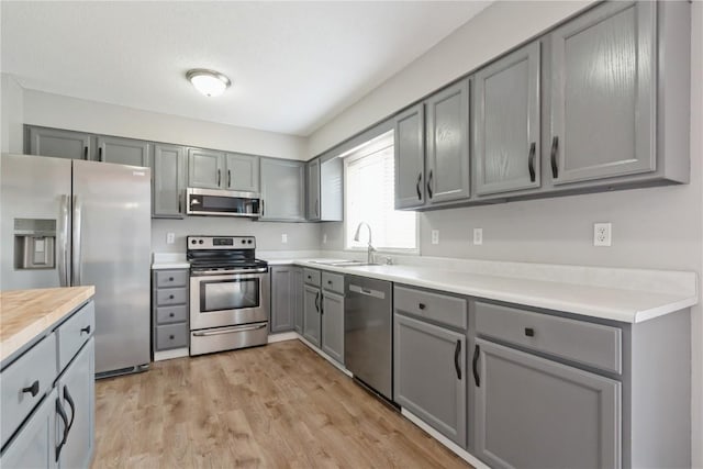2445 Hillview Dr, Marion, IA 52302 - kitchen featuring stainless steel appliances, gray cabinetry, a sink, light countertops, and light wood-type flooring