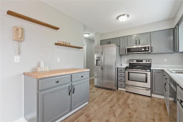 2445 Hillview Dr, Marion, IA 52302 - kitchen featuring appliances with stainless steel finishes, gray cabinets, light wood-style floors, light countertops, and open shelves
