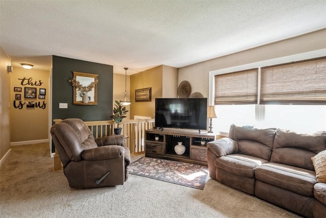 303 6th Ave, Newhall, IA 52315 - living area with carpet floors, a textured ceiling, and baseboards