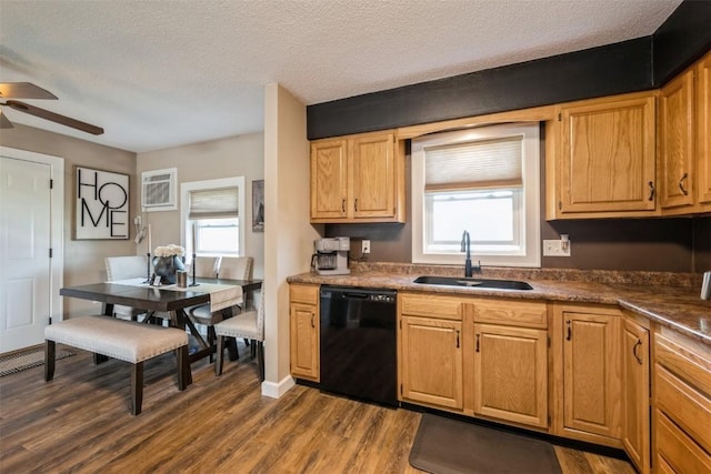303 6th Ave, Newhall, IA 52315 - kitchen featuring dishwasher, a sink, ceiling fan, healthy amount of natural light, and a textured ceiling