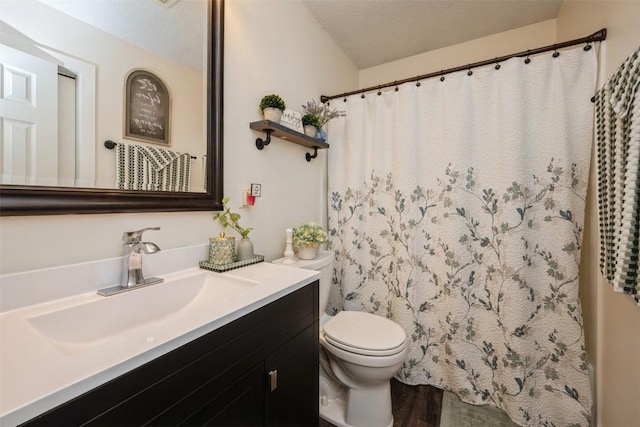 303 6th Ave, Newhall, IA 52315 - bathroom featuring vanity, toilet, wood finished floors, and a shower with shower curtain