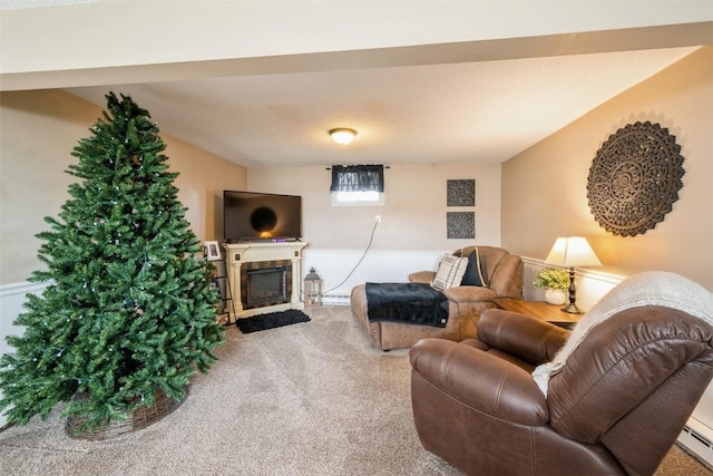 303 6th Ave, Newhall, IA 52315 - living room with carpet flooring, a fireplace with flush hearth, and a baseboard heating unit