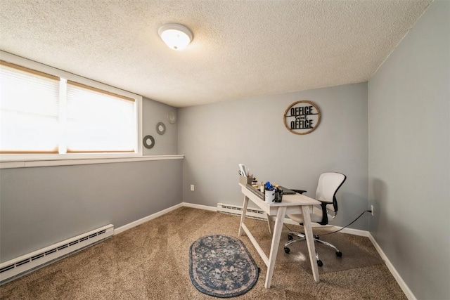303 6th Ave, Newhall, IA 52315 - home office with a baseboard heating unit, carpet flooring, a baseboard radiator, a textured ceiling, and baseboards