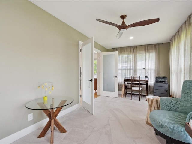 501 Washington Ct SW Unit B, Mount Vernon, IA 52314 - living area featuring carpet floors, baseboards, a ceiling fan, french doors, and recessed lighting