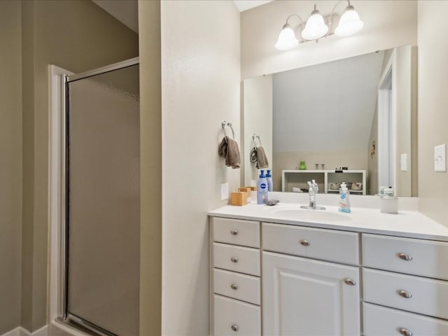 501 Washington Ct SW Unit B, Mount Vernon, IA 52314 - full bath with a stall shower, vanity, and vaulted ceiling