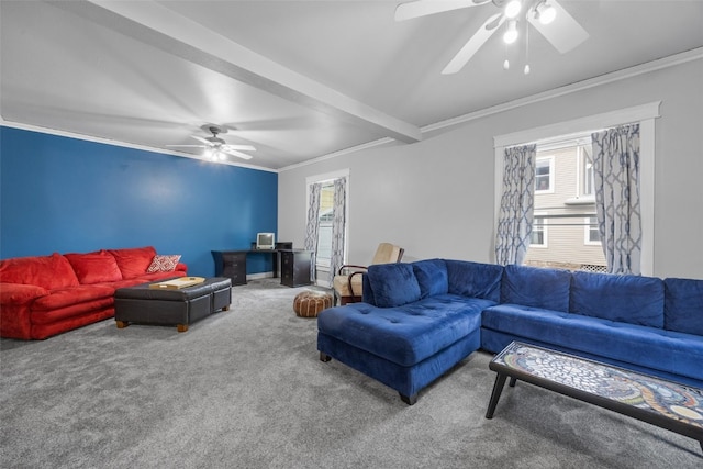 508 W 5th St, Vinton, IA 52349 - carpeted living room featuring a ceiling fan and ornamental molding