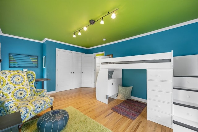 508 W 5th St, Vinton, IA 52349 - bedroom featuring wood finished floors, crown molding, a closet, and rail lighting