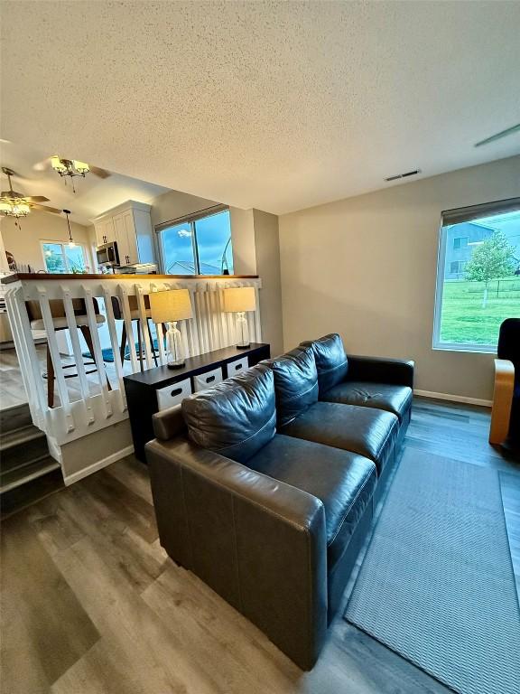 828 73rd NE, Cedar Rapids, IA 52402 - living room featuring dark wood-type flooring, a textured ceiling, and healthy amount of natural light