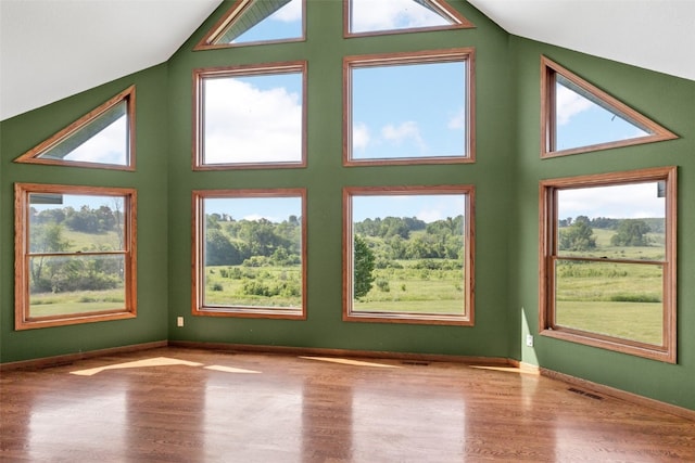 660 Garfield Rd, West Branch, IA 52358 - unfurnished room featuring high vaulted ceiling, wood finished floors, and plenty of natural light