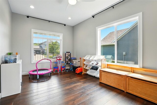 1643 Avalon Pl, Iowa City, IA 52245 - rec room with wood-type flooring, ceiling fan, and recessed lighting