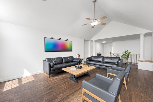 429 W Prairie Dr, Fairfax, IA 52228 - living area featuring ceiling fan, wood finished floors, and high vaulted ceiling