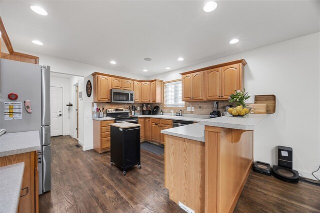 429 W Prairie Dr, Fairfax, IA 52228 - kitchen with stainless steel appliances, a peninsula, dark wood finished floors, decorative backsplash, and light countertops