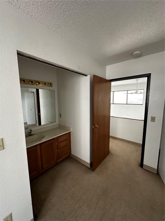 400 1st St SE Unit 410, Cedar Rapids, IA 52401 - bathroom featuring a textured ceiling, vanity, and carpet floors