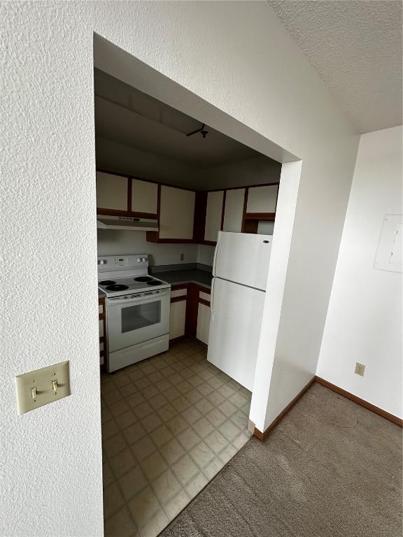 400 1st St SE Unit 410, Cedar Rapids, IA 52401 - kitchen featuring white appliances, under cabinet range hood, a textured ceiling, and carpet
