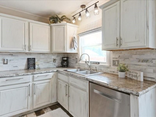 1418 8th St NW, Cedar Rapids, IA 52405 - kitchen featuring stainless steel dishwasher, decorative backsplash, white cabinets, and light stone counters