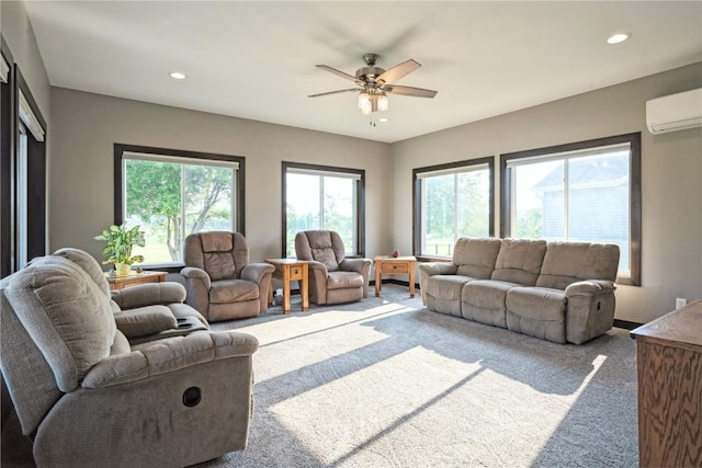 1602 Bridge Creek Ct, Marion, IA 52302 - living room with carpet floors, a wall mounted AC, ceiling fan, and recessed lighting