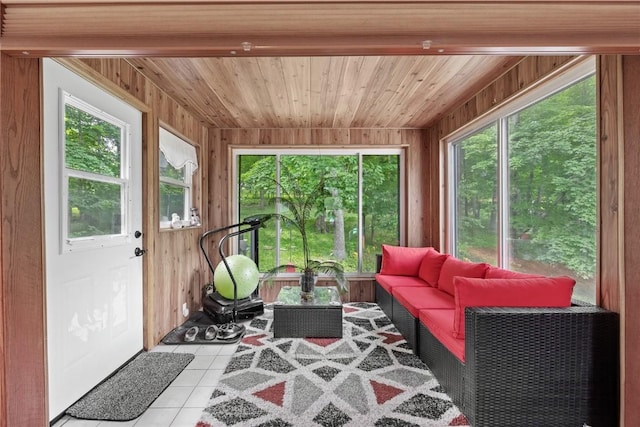 2145 Coldstream Ave NE, Cedar Rapids, IA 52402 - tiled living area with wooden walls and wood ceiling