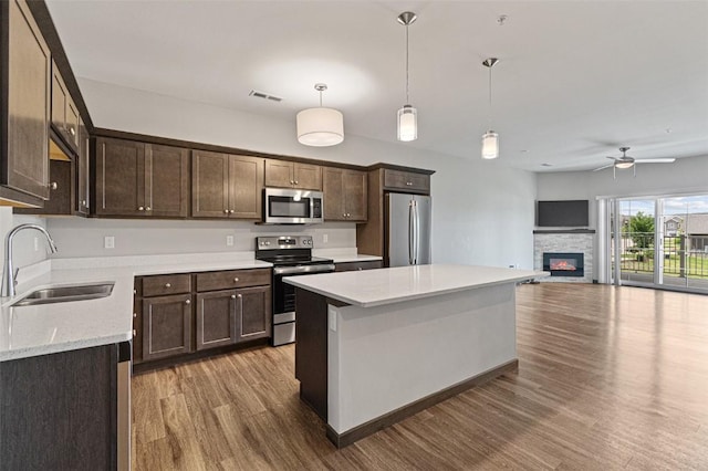 2871 Spring Rose Cir Unit 207, Coralville, IA 52241 - kitchen with stainless steel appliances, dark brown cabinets, wood finished floors, and a ceiling fan