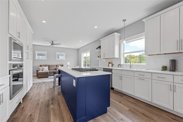 3911 Winnsboro Dr, Iowa City, IA 52245 - kitchen with stainless steel appliances, wood finished floors, tasteful backsplash, white cabinetry, and recessed lighting