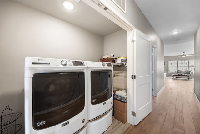 260 N Scott Blvd Unit 201, Iowa City, IA 52245 - washroom with washing machine and dryer, light wood-type flooring, ceiling fan, and recessed lighting