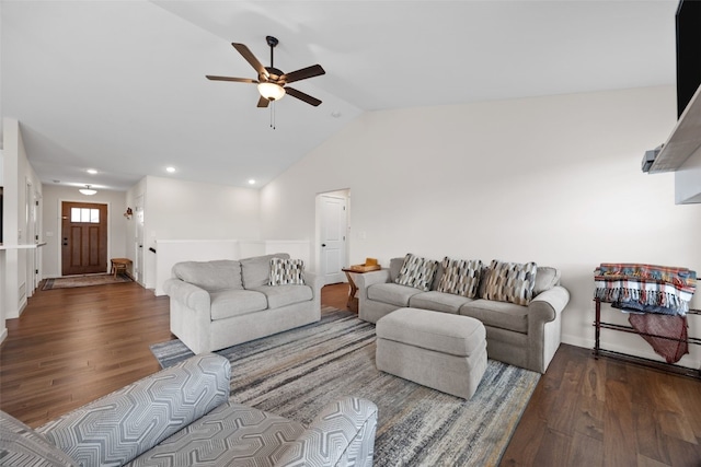 4263 Calder Dr, Marion, IA 52302 - living room featuring wood finished floors, a ceiling fan, lofted ceiling, and recessed lighting