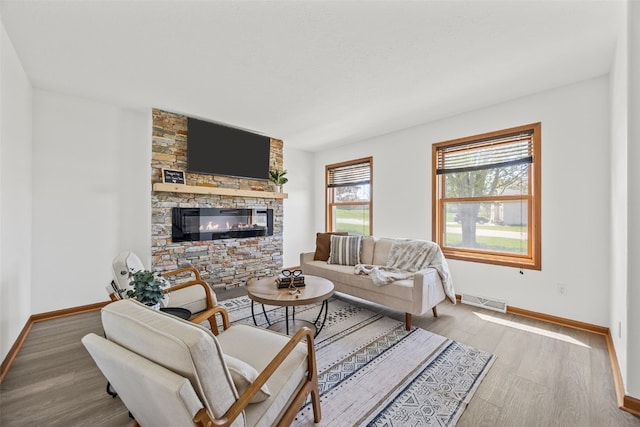13294 212th Ave, Anamosa, IA 52205 - living area featuring a stone fireplace and wood finished floors