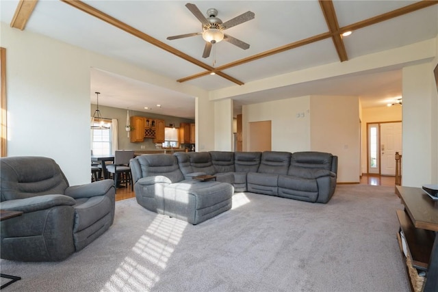 765 34th Ave, Marion, IA 52302 - living room with a ceiling fan, beam ceiling, light colored carpet, and recessed lighting