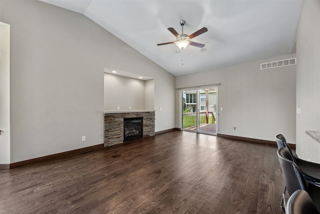 450 2nd St, Fairfax, IA 52228 - unfurnished living room with a ceiling fan, dark wood finished floors, a fireplace, and high vaulted ceiling