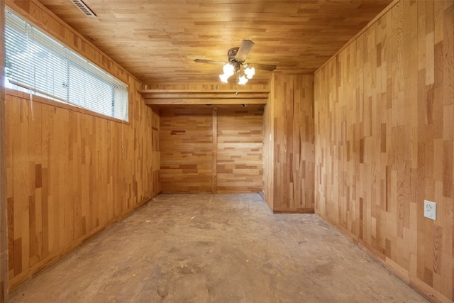 2030 26th St, Marion, IA 52302 - unfurnished room with wood walls, a ceiling fan, wooden ceiling, and unfinished concrete floors