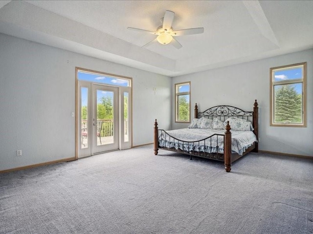 3387 64th St, Palo, IA 52324 - carpeted bedroom featuring a tray ceiling, access to exterior, and a ceiling fan