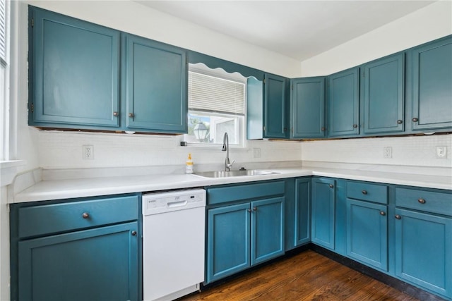 1612 Greene Ave NE, Cedar Rapids, IA 52402 - kitchen with white dishwasher, blue cabinetry, dark wood-style flooring, and tasteful backsplash