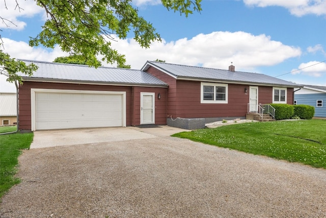 203 B Ave, Newhall, IA 52315 - single story home with asphalt driveway, an attached garage, a chimney, a front lawn, and a metal roof