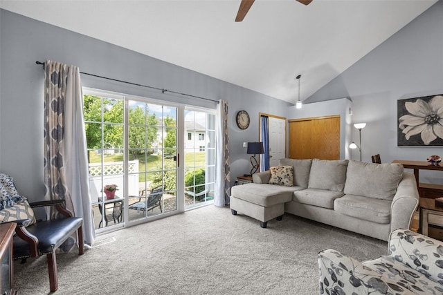 3810 Waterview Ct SW, Cedar Rapids, IA 52404 - living area featuring carpet floors, a ceiling fan, and high vaulted ceiling