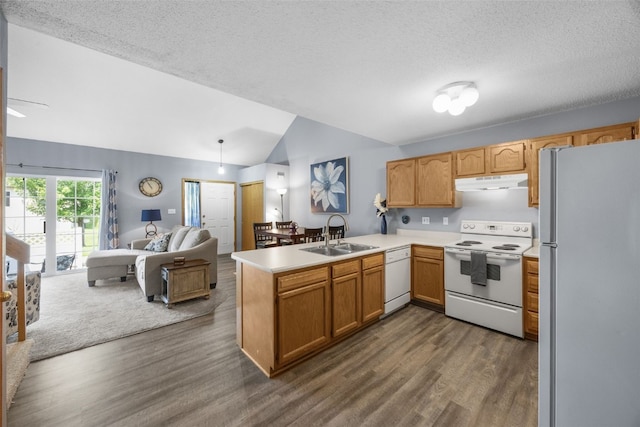 3810 Waterview Ct SW, Cedar Rapids, IA 52404 - kitchen featuring white appliances, under cabinet range hood, open floor plan, dark wood finished floors, and lofted ceiling