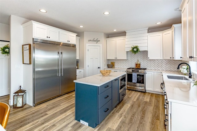 608 Pointer Cir, Center Point, IA 52213 - kitchen featuring built in appliances, premium range hood, white cabinets, light wood finished floors, and blue cabinets