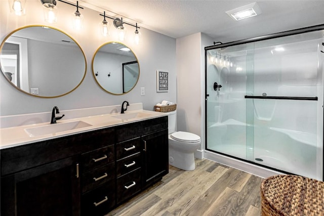 608 Pointer Cir, Center Point, IA 52213 - bathroom featuring wood finished floors, double vanity, a shower stall, and a textured ceiling