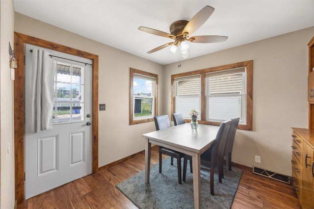 908 18th St SW, Cedar Rapids, IA 52404 - dining room featuring a ceiling fan and dark wood-style flooring