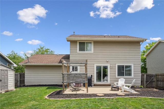 3210 5th St, Marion, IA 52302 - rear view of house with a patio, a fenced backyard, a storage shed, and a pergola