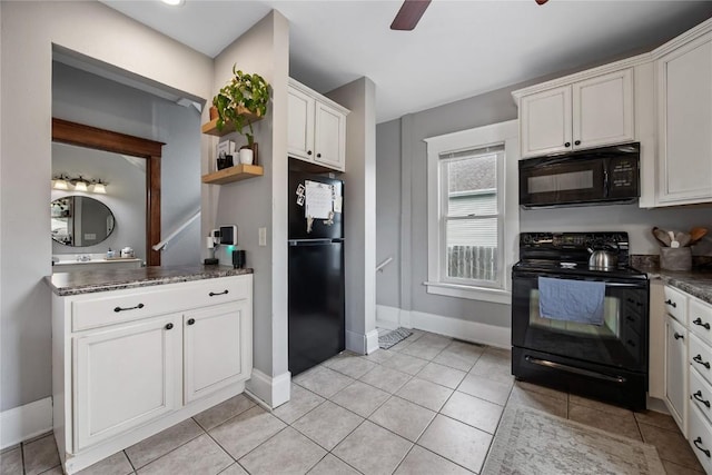 1307 8th St NW, Cedar Rapids, IA 52405 - kitchen featuring black appliances, white cabinets, open shelves, a ceiling fan, and light tile patterned floors