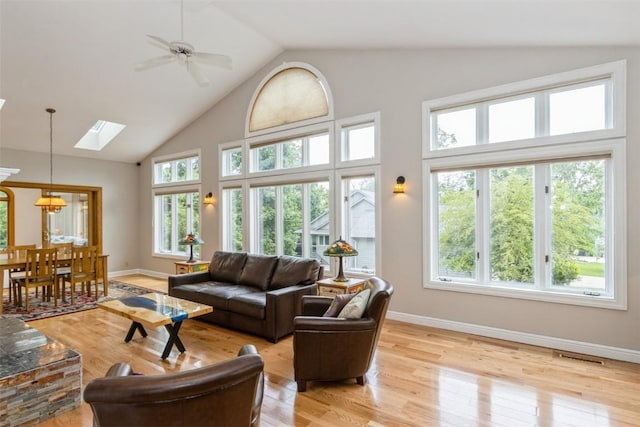 1916 Oak Knoll Ct SE, Cedar Rapids, IA 52403 - living room featuring high vaulted ceiling, a skylight, light wood-style flooring, and ceiling fan