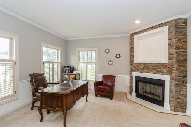1916 Oak Knoll Ct SE, Cedar Rapids, IA 52403 - office area with crown molding, light carpet, and a large fireplace