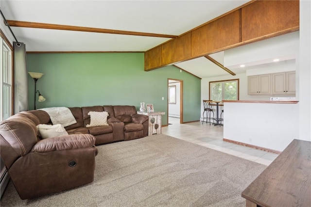 5995 32nd Ave, Shellsburg, IA 52332 - living room with light tile patterned floors, recessed lighting, lofted ceiling, and light colored carpet