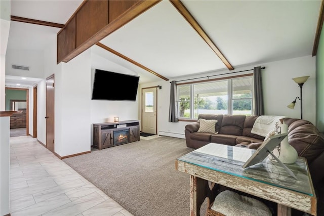 5995 32nd Ave, Shellsburg, IA 52332 - living room with a baseboard radiator, light colored carpet, high vaulted ceiling, light marble finish floors, and a fireplace