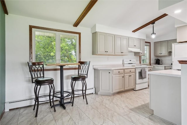 5995 32nd Ave, Shellsburg, IA 52332 - kitchen with white appliances, under cabinet range hood, baseboard heating, light countertops, and light marble finish floors