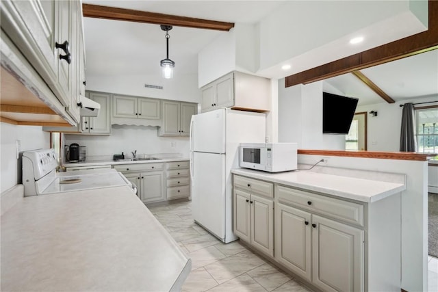 5995 32nd Ave, Shellsburg, IA 52332 - kitchen featuring white appliances, exhaust hood, light countertops, light marble finish floors, and beamed ceiling